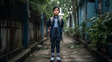 asiatisch Schüler Mädchen mit Rucksack. Konzept von zurück zu Schule. ai generiert foto