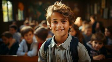 jung gut aussehend lächelnd kaukasisch Junge Schüler im Schule Klassenzimmer - - generativ ai. foto