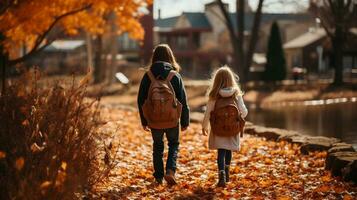 zwei jung Kinder tragen Rucksäcke Gehen zu Schule auf ein schön fallen Morgen - - generativ ai. foto