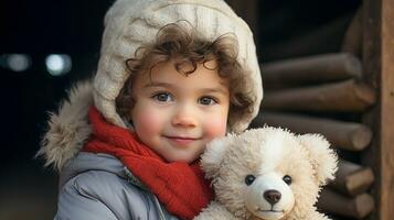 süß jung Kleinkind Mädchen gekleidet zum ein schneebedeckt Weihnachten halten ihr Teddy tragen. generativ ai. foto