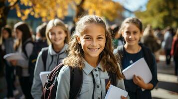 glücklich und aufgeregt jung Kinder Studenten Gehen auf das Campus von ihr Schule - - generativ ai. foto