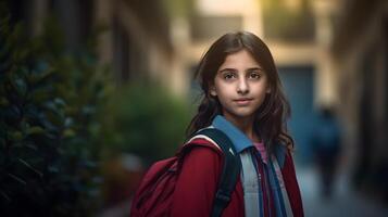 arabisch Schüler Mädchen mit Rucksack. Konzept von zurück zu Schule. ai generiert foto