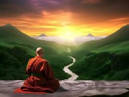 Buddhist Mönch im Meditation auf Bergspitze beim schön Sonnenuntergang oder Sonnenaufgang foto