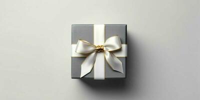 Silber Geschenk Box auf Weiß Hintergrund. Weihnachten gegenwärtig. generativ ai foto