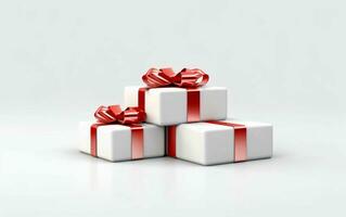 Weiß Geschenk Kisten mit rot Band auf Weiß Studio Hintergrund. generativ ai foto