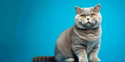 Porträt von ein Silber britisch kurzes Haar Katze isoliert auf Blau Hintergrund. generativ ai foto