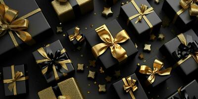schwarz Geschenk Kisten mit Gold Band auf schwarz Studio Hintergrund. generativ ai foto