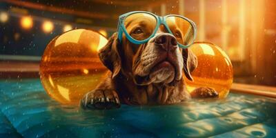 ein Hund entspannend auf ein Schwimmen Ring im ein Schwimmbad. generativ ai foto
