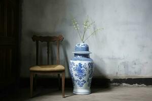 Vase Blau Ornament auf grau Mauer. generieren ai foto