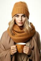 Person nippen heiß Tee zum Herbst Grippe isoliert auf ein Weiß Hintergrund foto