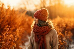 Person im Strickwaren kämpfen ein kalt inmitten beschwingt fallen Landschaft foto