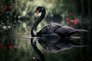 anmutig schwarz Schwan Ruhe Wasser, Gelassenheit generativ ai foto