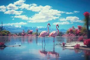 elegant Flamingos Gruppe Gehen Blau Lagune generativ ai foto