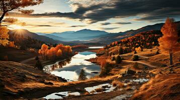golden glühen von Herbst Berg mit Ahorn Blätter generativ ai foto