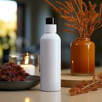 Produkt Präsentation kosmetisch Sahne Shampoo Schönheit Flasche Attrappe, Lehrmodell, Simulation Natur branding Produkt elegant Hintergrund generativ ai foto