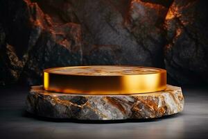 luxuriös golden Attrappe, Lehrmodell, Simulation Podium mit Felsen geformt Base zum Produkt Beförderung foto