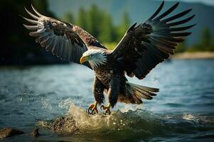 Adler Meer jagen entstehenden, Tauchen, fliegend generativ ai foto