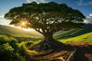 Banyan Baum auf Hügel Nachmittag Wind blumig Feld generativ ai foto