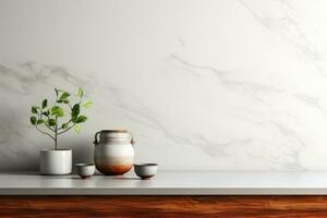minimal Küche Hintergrund mit Marmor Arbeitsplatte und Kopieren Raum 3d Attrappe, Lehrmodell, Simulation Anzeige foto