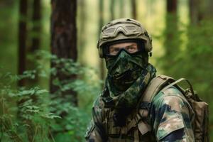 Soldat Maske Wald Tarnung. generieren ai foto