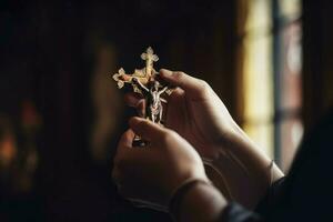 Hände halt Kirche Kreuz. generieren ai foto