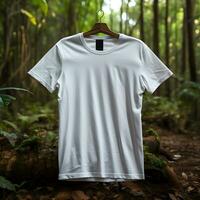 Natur inspiriert T-Shirt Attrappe, Lehrmodell, Simulation Weiß Tee gegen üppig Wald, ai generiert foto