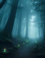 ein mysteriös, nebelverhangen Wald mit uralt Bäume und unheimlich, glühend Pilze. foto