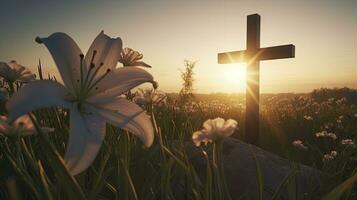 Ostern Sonnenaufgang mit Kreuz und Lilien ein filmisch Komposition von realistisch Schönheit foto