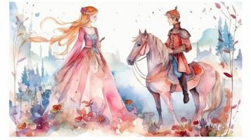 zauberhaft Aquarell Illustration von ein Fee Geschichte Prinzessin und Ritter foto