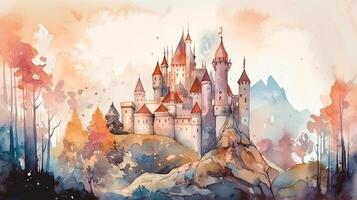 zauberhaft Aquarell Illustration von ein Fee Geschichte Schloss mit ein Prinz und Prinzessin foto