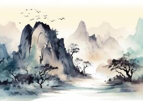 Chinesisch Berg Landschaft im Beige und azurblau mit genau ornithologisch Gemälde foto