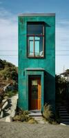 Einsamkeit im das Ozean Aussicht ein gemütlich klein Haus mit ein Kamin und ein Single Tür foto