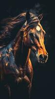 majestätisch Pferd im Bokeh Stil auf dunkel Hintergrund generativ ai foto