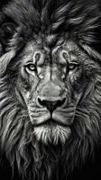 brüllend Majestät schwarz und Weiß Löwe auf dunkel Hintergrund generativ ai foto