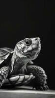 schwarz und Weiß Schildkröte auf dunkel Hintergrund generativ ai foto