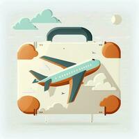 Reise im Stil mit ein Aktentasche und fliegend Flugzeug Illustration foto