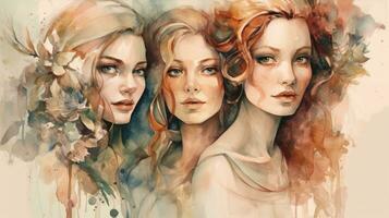 drei froh Frauen im Sanft Aquarell Illustration foto