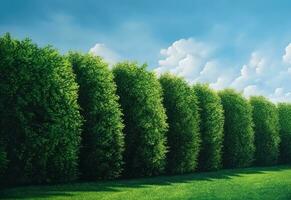 realistisch Garten Hecke mit Blau Himmel und Grün Gras foto