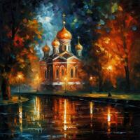 Nachtzeit Kirche Gemälde im das Stil von leonid afremov foto