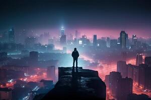 ein Person Stehen auf ein Dach Blick beim ein futuristisch Stadtbild mit Neon- Beleuchtung inmitten das Nebel foto