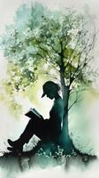 Naturen lesen Winkel Person Silhouette Sitzung im Baum mit Buch foto