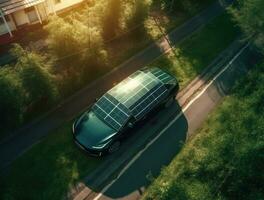 solarbetrieben Auto geparkt auf Straße im realistisch Antenne Aussicht foto