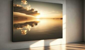 golden Sonnenuntergang Seelandschaft mit Ruhe Wasser und abstrakt Landschaft Hintergrund foto