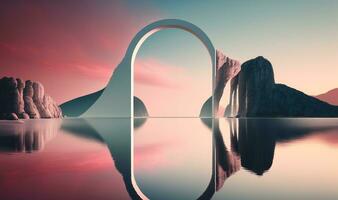 surreal nordisch Seelandschaft mit Spiegel Bogen und Ruhe Wasser foto