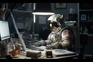 Astronaut Arbeiten auf Laptop beim Schreibtisch im Raum foto