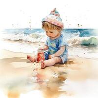 heiter Baby beim das Strand Aquarell auf Weiß Hintergrund foto