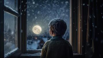 Kind Sprichwort Gute Nacht zu das Mond durch Fenster auf schneebedeckt Nacht foto