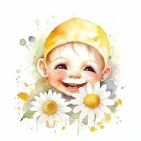 Süss Baby lächelnd mit Gänseblümchen Thema auf Aquarell Weiß Hintergrund foto