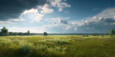 majestätisch Landschaft von üppig Wiesen und wolkig Blau Himmel foto