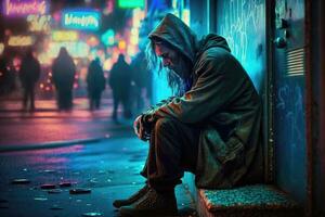 Neon- Stadtbild mit obdachlos Person im Vordergrund foto